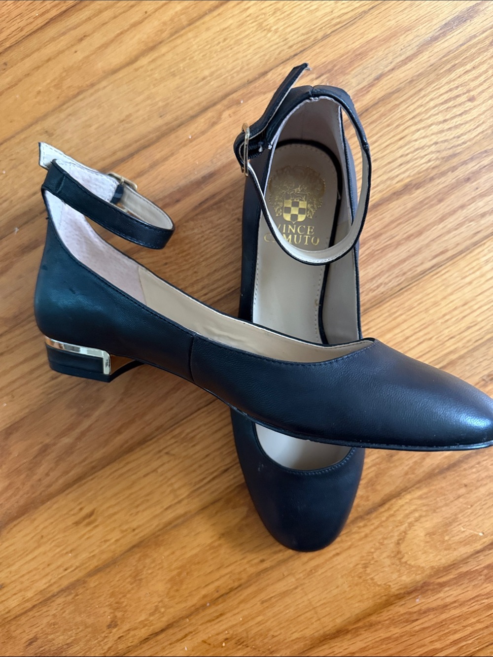 Vince Camuto Black Ankle-Strap Low Block Heel Pumps